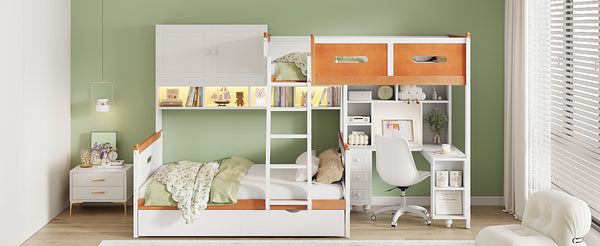 English Elm Twin Over Full Wooden Bunk Bed With Desk, Storage Drawers, Shelves & Led Lights - Stylish & Functional N820S00064K-GIGA