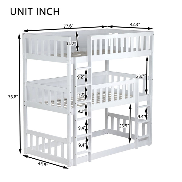English Elm Twin Triple Rubberwood Bunk Bed with Ladders & Guardrails, Space-Saving Modular Design for Families White W504S00171