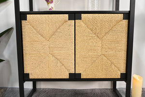 English Elm Natural Rattan Bookshelf with Matte Black Frame Open Display and Closed Storage Cabinet W2263P395493