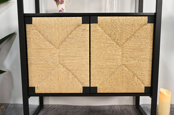 English Elm Natural Rattan Bookshelf with Matte Black Frame Open Display and Closed Storage Cabinet W2263P395493