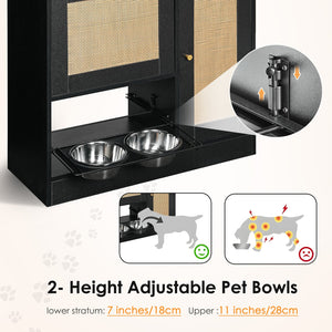 English Elm Feeding Station Cabinet with Rattan Door Elevated Bowls and Hooks for Tidy Pet Care W1687P246775