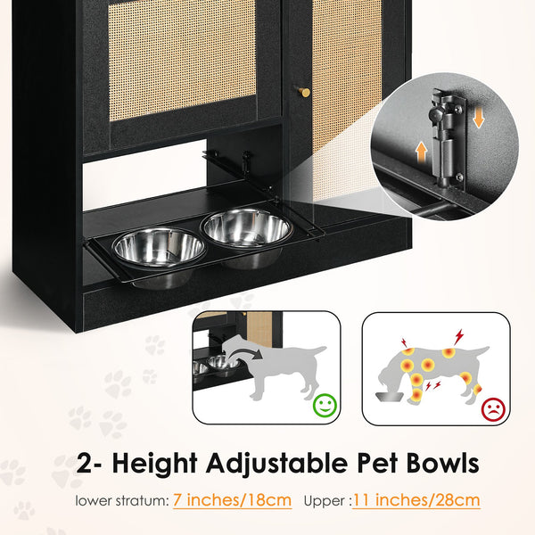 English Elm Feeding Station Cabinet with Rattan Door Elevated Bowls and Hooks for Tidy Pet Care W1687P246775