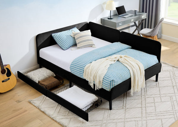 English Elm Full Velvet Upholstered Platform Bed Full Size with 2 Underbed Storage Drawers, Foam Seat, Modern Design Black W1413P298912
