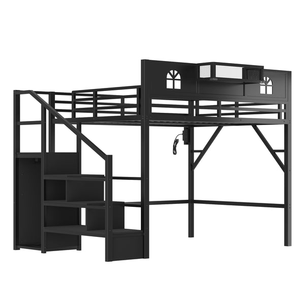 English Elm Metal Queen Loft Bed with L Shaped Desk Wardrobe Led Lighting and Usb for Teens Black W2593S00061
