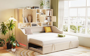 English Elm Twin Upholstered Daybed with LED Armrest Lighting, Hidden Storage Shelves & Lift-Up Pull-Out Trundle Beige SF000198AAA