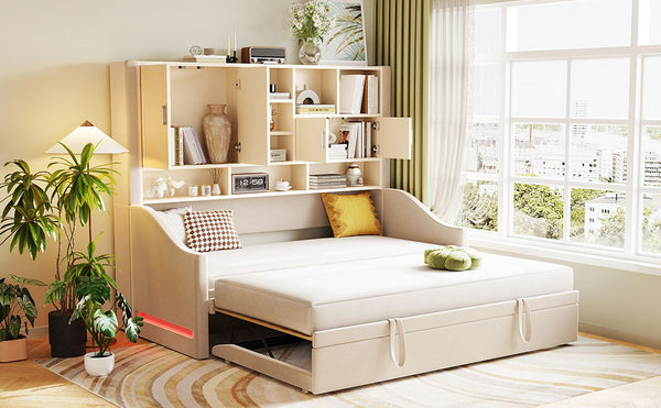 English Elm Twin Upholstered Daybed with LED Armrest Lighting, Hidden Storage Shelves & Lift-Up Pull-Out Trundle Beige SF000198AAA