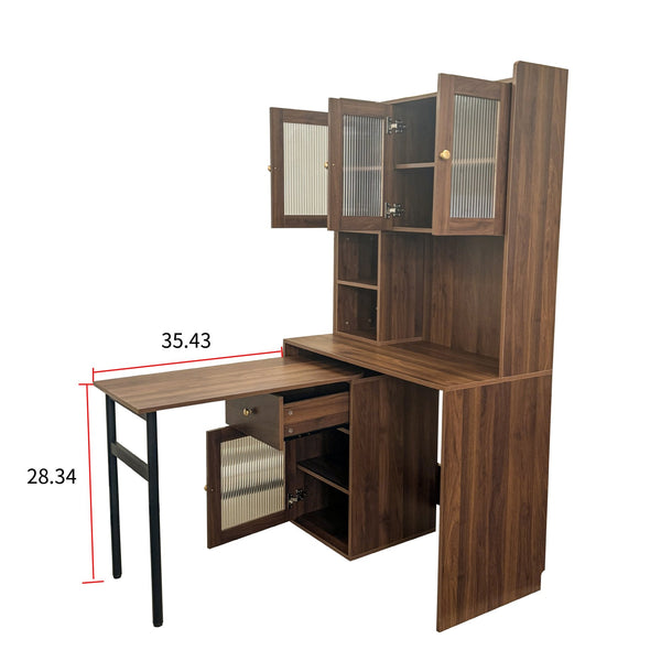 English Elm Computer Desk with Glass Doors, Hutch & Drawer Storage, Rotating 90° Desktop and Spacious Work Surface Walnut W331S00195