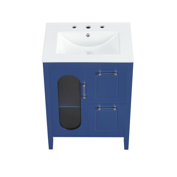 English Elm 24" Modern Bathroom Vanity with Ceramic Sink, Solid Wood & MDF Cabinet, Two Drawers, Shelf Blue N725P245273C