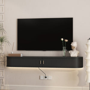 English Elm Floating Wall Mounted Media Console with Led Backlighting Mid-century Curved Design Black W1321P476924