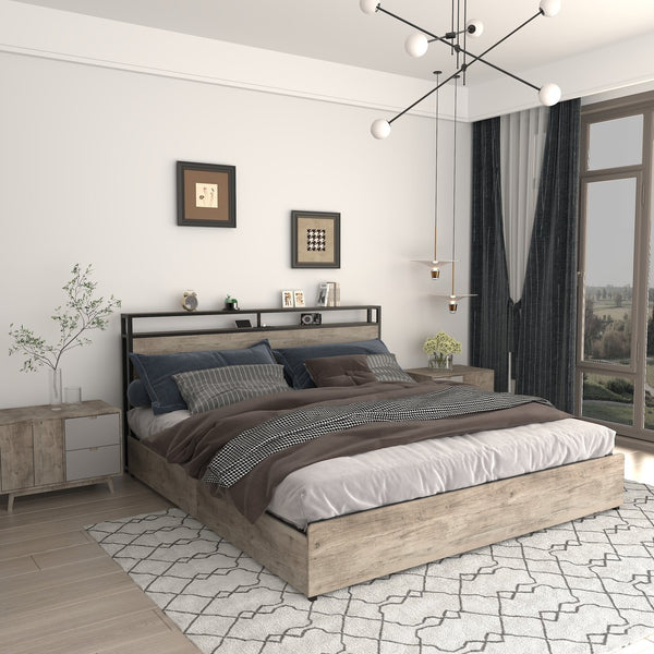 English Elm King Storage Bed with Led Lighting Charging Station Four Drawers Metal Slat Frame W2129P210693