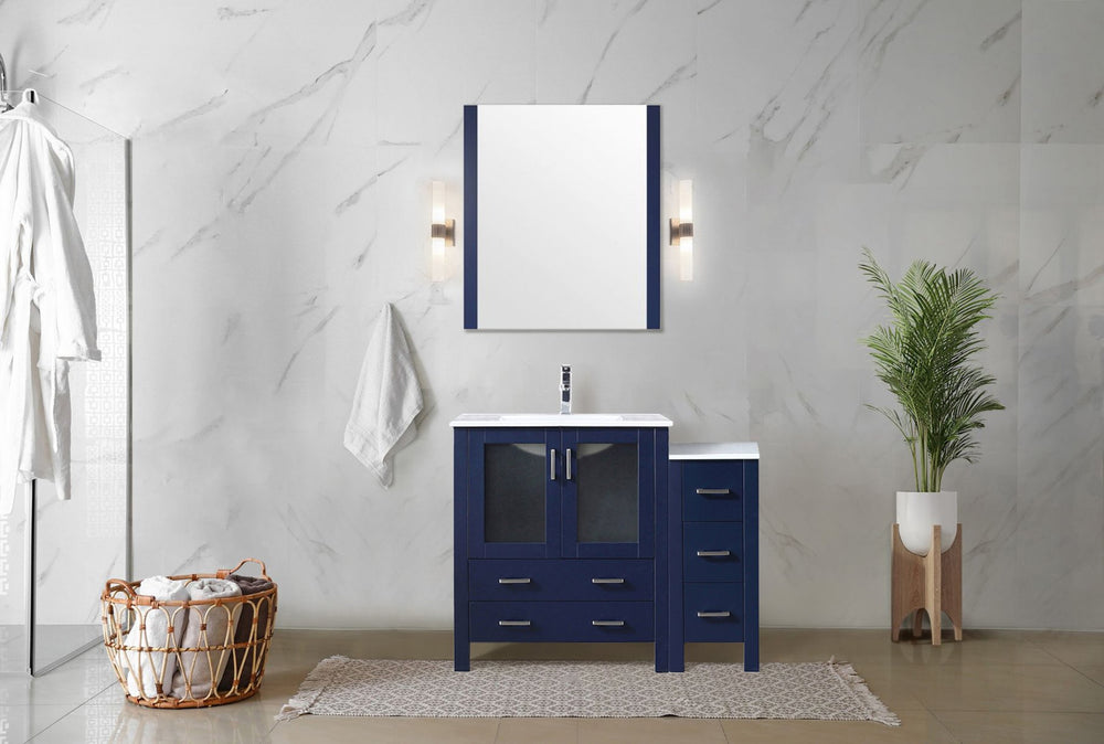 English Elm Navy Blue Bath Vanity Set With White Ceramic Top, Side Cabinet, Chrome Faucet & 28” Mirror Upgrade B2731S01365