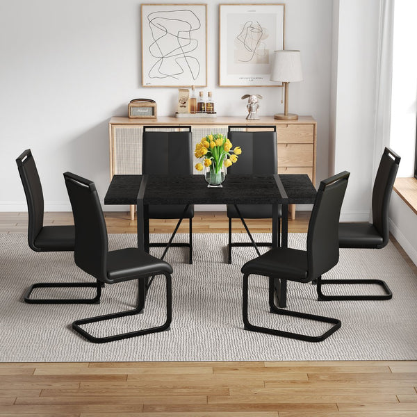 English Elm Black Faux Wood Grain Mdf Rectangular Dining Set with Six Arched Leg Pu Chairs W1151S04365