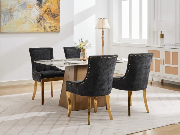 English Elm Chenille Modern Dining Chair with Curved Gold-Plated Legs, Rivet Trim, Textured Upholstery Comfort Black W1143P332685