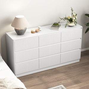 English Elm 9 Drawer Mid Century Wood Dresser Low Profile Matte Finish Bedroom Storage Cabinet White W409S00013