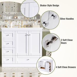 English Elm 36 Inch Shaker Bathroom Vanity with Resin Sink Four Soft Close Drawers Mdf Cabinet White N729P000028K