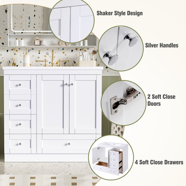 English Elm 36 Inch Shaker Bathroom Vanity with Resin Sink Four Soft Close Drawers Mdf Cabinet White N729P000028K
