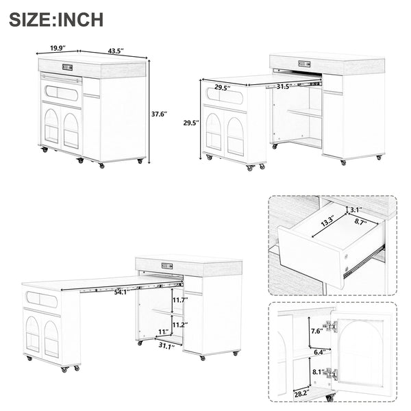English Elm Trexm Rolling Kitchen Island Extendable Marble Top Cabinet Drawers Power Outlet Black,White Marble XW000029AAB