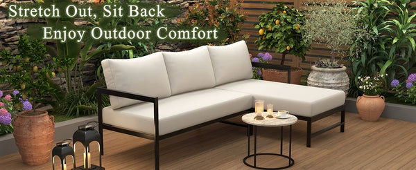 English Elm U_style Outdoor L-shaped Sectional Iron Frame Patio Sofa with Thick Foam Cushions Beige WY000480AAA