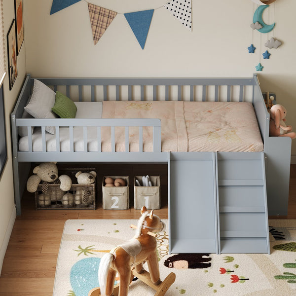 English Elm Twin Platform Kids Bed with Slide Ladder Guardrails Storage Shelf Wood Frame Gray N733S415411E