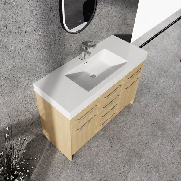 English Elm 48" Freestanding Bathroom Vanity with Resin Sink, Original Oak Finish, 2 Doors & 6 Drawers, Plywood W1972P315227