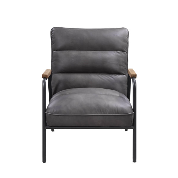 English Elm Grey Top Grain Leather Accent Chair with Full Foam Seat, Metal Frame, Matt Iron Legs, Modern Luxury B062P209158