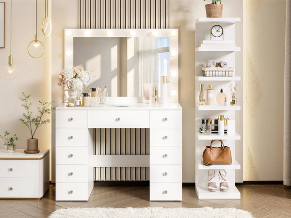 English Elm Vanity Desk Hollywood Led Mirror 11 Drawers 7 Tier Shelving White Glam Mdf N704G202309K