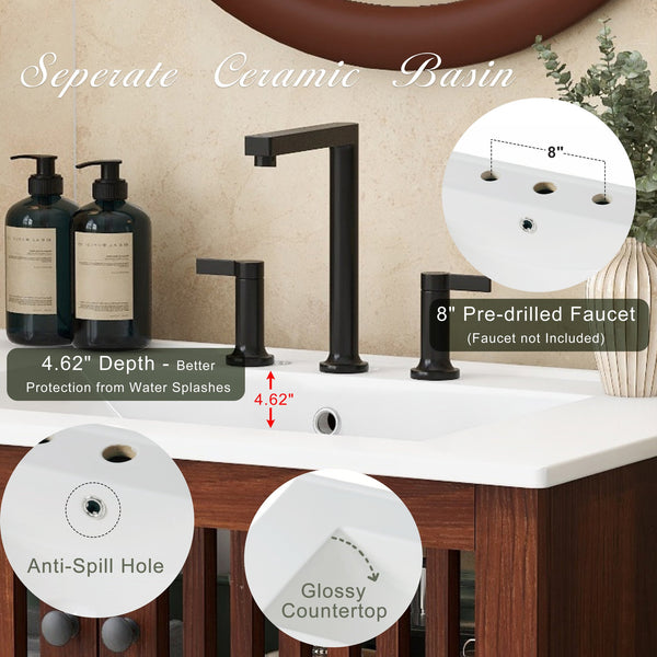 English Elm Christopher Knight Home® - 30" Vintage Bathroom Vanity with Rectangle Ceramic Sink, Rubber Wood Legs, Soft-Close Doors, Adjustable Shelves Antique brown,Dark Brown N817P245324B