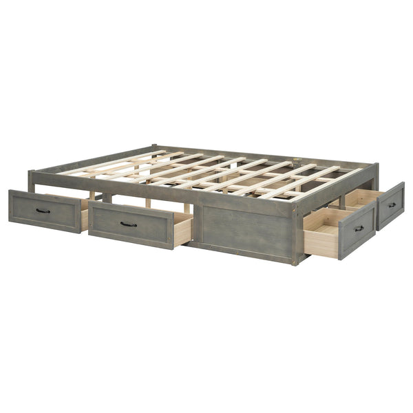 English Elm Queen Platform Bed with Six Storage Drawers Low Profile Frame for Modern Bedrooms Antique Gray N708P263022E-1