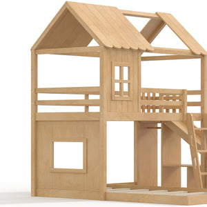 English Elm Twin Over Full Playhouse Bunk Bed with Slide Ladder Storage Shelves and Wardrobe W5305S00040