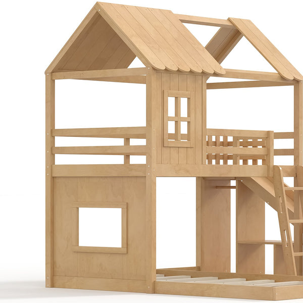 English Elm Twin Over Full Playhouse Bunk Bed with Slide Ladder Storage Shelves and Wardrobe W5305S00040