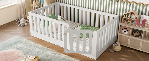 English Elm Twin Solid Pine Montessori Floor Bed with House Frame Door and Safety Fence Light White W5305P420632
