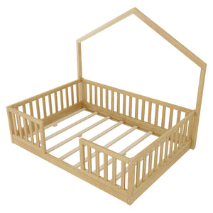 English Elm Twin Montessori Floor Bed House Frame with Led Lighting and Safety Rails for Kids Natural W2593P440609