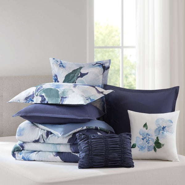 English Elm 7-piece Cal King Cotton Printed Comforter Set with Embroidered Decorative Pillows Blue Multi B035P482994