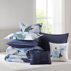English Elm 7-piece Queen Comforter Set Cotton Print Bedding with Euro Shams and Embroidered Pillows Blue Multi B035P482949