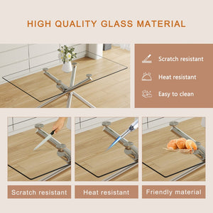 English Elm Table Set - Modern Luxurious Transparent Glass Dining Table With 4 Light Gray Pu Chairs & Metal Legs W1151S04131-GIGA