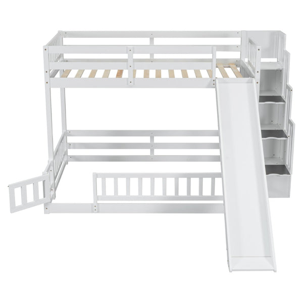 English Elm Twin Over Full Bunk Bed With Slide & Storage Staircase - Stylish Pine Bed With Safety Guardrails, White W504S00185-GIGA