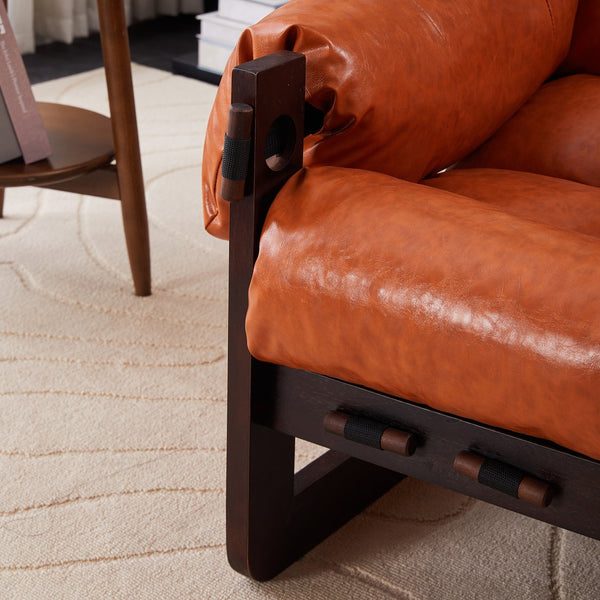 English Elm Medieval premium lounge chair with oil-waxed leather, removable cushion, mortise & tenon frame stability Retro Orange W2989P328541