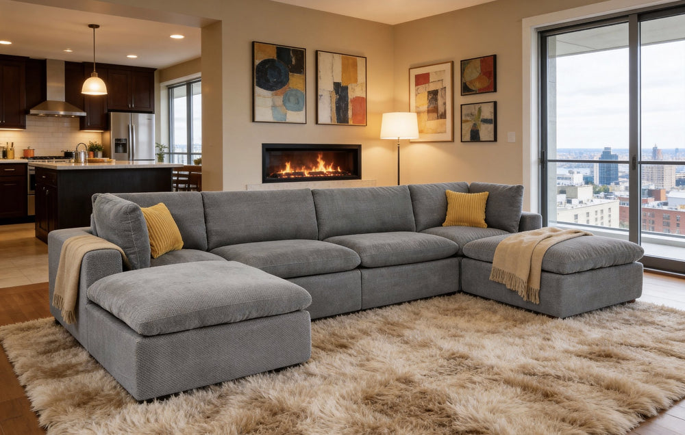 English Elm Modular Cloud Sectional Sofa Deep Seat U-shape Design for Large Living Rooms Light Grey W5568S00007