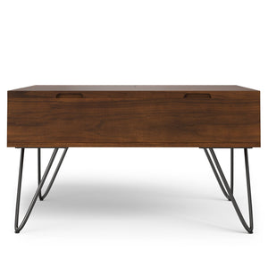 English Elm Hunter Solid Wood Lift Top Square Table with Gold Hairpin Legs and Hidden Storage B136P429092