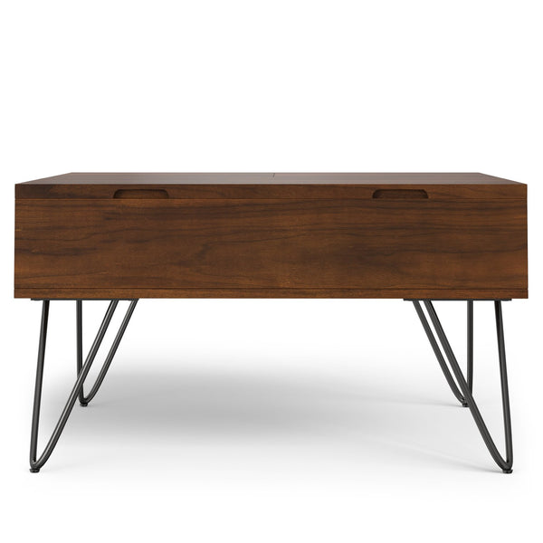 English Elm Hunter Solid Wood Lift Top Square Table with Gold Hairpin Legs and Hidden Storage B136P429092
