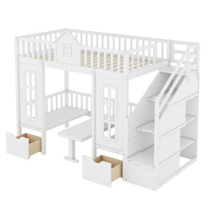 English Elm Twin-over-twin Bunk Bed Convertible Lower Desk Solid Pine Kids Bedroom Space Saver White LT000681AAK-1