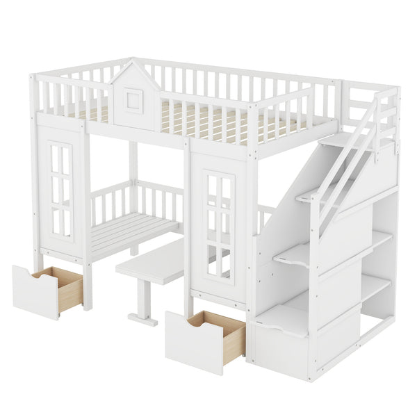 English Elm Twin-over-twin Bunk Bed Convertible Lower Desk Solid Pine Kids Bedroom Space Saver White LT000681AAK-1