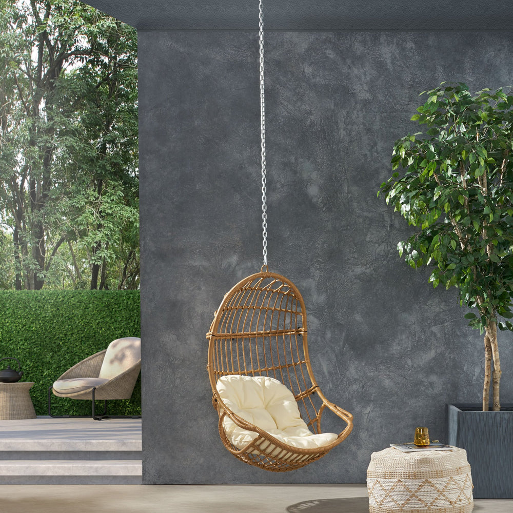 English Elm Christopher Knight Home® - BERKSHIRE Wicker Hanging Chair with 8ft Chain — Weather‑Resistant Faux Rattan Swing, 300 lb Capacity Brown+Beige 70843.00LBGE