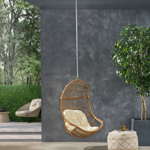 English Elm Christopher Knight Home® - BERKSHIRE Wicker Hanging Chair with 8ft Chain — Weather‑Resistant Faux Rattan Swing, 300 lb Capacity Brown+Beige 70843.00LBGE
