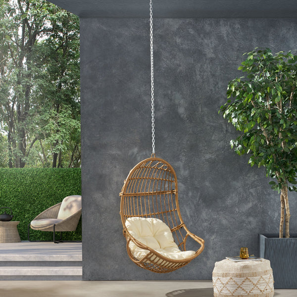 English Elm Christopher Knight Home® - BERKSHIRE Wicker Hanging Chair with 8ft Chain — Weather‑Resistant Faux Rattan Swing, 300 lb Capacity Brown+Beige 70843.00LBGE