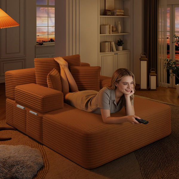 English Elm Luxurious Corduroy Convertible Chaise Lounge Sofa Bed with Storage and Coil Spring Foam Orange W3219P483088