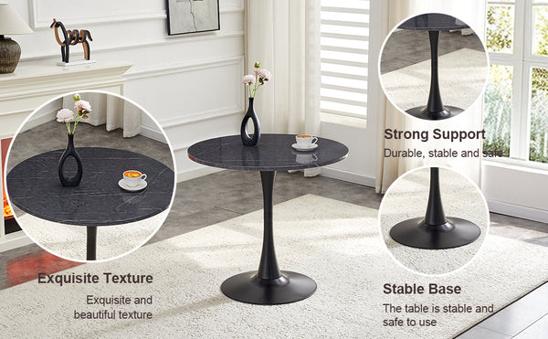 English Elm Round Faux Marble Tulip Pedestal Dining Table Mid Century Modern for Small Bistro Spaces Black+Gery W2920P405346