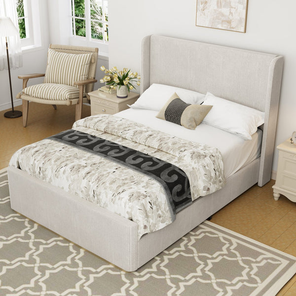 English Elm Queen Corduroy Upholstered Bed with Vertical-Stripe Wingback Headboard, High Footboard, Metal Frame Durability N701P201393E