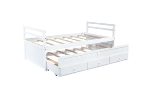 English Elm Twin Twin Size Bed with Trundle and Three Storage Drawers, Space-Saving Pine Frame with Classic Headboard White W504P197162