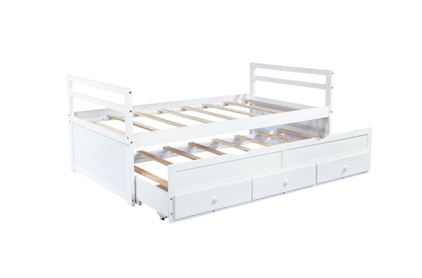 English Elm Twin Twin Size Bed with Trundle and Three Storage Drawers, Space-Saving Pine Frame with Classic Headboard White W504P197162